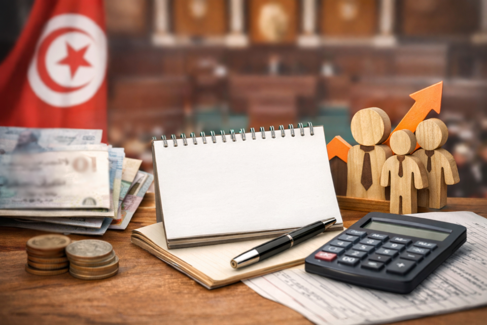 رمزية للأجر الأدنى المضمون في تونس مع نقود، آلة حاسبة، دفاتر رواتب وأشكال أشخاص تمثل العمال، لتعزيز القدرة الشرائية ودعم الأجراء.